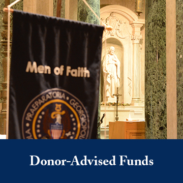 A Men of Faith banner in a chapel. Links to Donor-Advised Funds